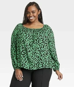 Ava & Viv Top Bluse Schwarz Grün Punkte Fließend Langarm Viskose Neu 2X Damen Plus - Bild 1 von 5