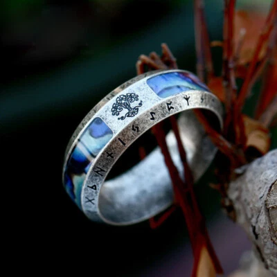 Shell Inlay Viking Runes Tree of Life Ring Stainless Steel Tribal Wedding Bands - Image 1 of 4