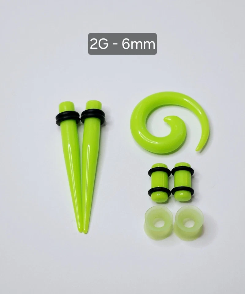 3 pares - Medidores de oído (2G - 6 mm) acrílico/silicona, cónico/enchufe/túnel - verde neón Foto 1 de 1