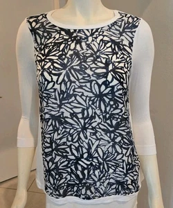 WHYCI YC MILANO Silk Cotton Navy White Abstract Floral 3/4 Sleeve Top Sz 38 NWOT - Picture 1 of 8