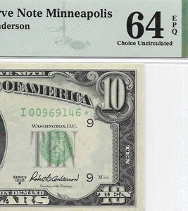 1950B $10 MINNEAPOLIS * STAR * ⭐️ FRN. PMG Choice Uncirculated 64 EPQ Banknote. - Picture 1 of 3