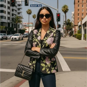 RAG & BONE Bailey Floral Leather Blazer Jacket Roses Purple Black Sz 4 {3T22} - Picture 1 of 6