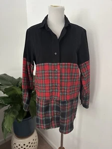 Misguided Size 2 Shirt Dress Tunic Black Denim Flannel Plaid Button Up - Picture 1 of 4