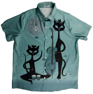 HAWALILI Cat Shirt Mens 2XL Button Up Aqua Music All Over Print Polyester Collar