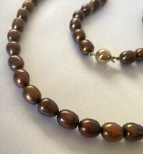 Baroque Pearl 9ct Gold Clasp Necklace Chocolate Brown & Gift Box