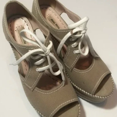 MIU MIU Calzature Donna Neutral Canvas Platform Wedge Women's Size IT 39.5  - Image 1 of 4