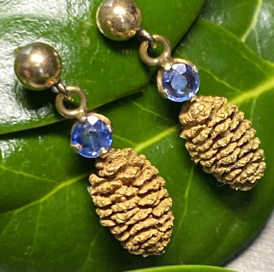 Vintage Sapphire Earrings Estate Fine Jewelry Pre-Owned Pine Cone Unusual  - Image 1 of 4