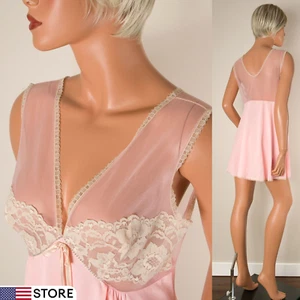 💖 VTG MOVIE STAR Babydoll Pink Nightgown Nylon Sheer Bodice Lace Rhinestones 36 - Picture 1 of 11