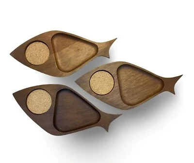 Mid Century Modern Fish-Shaped Wooden Snack Trays With Cork Inserts Japan - Image 1 of 4