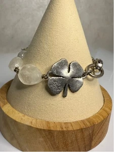 Lucky Brand Womens Sliver Tone White Beaded Bracelet 7 inches Clover Lucky You - Picture 1 of 6