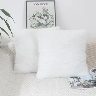 White Fluffy Throw Pillows Covers 20x20 Set of 2 Faux Fur Square Cushion Cove... - Image 1 of 4