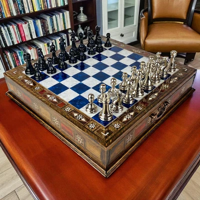 Luxury Chess Set Handmade – Inlay Storage Board with Metal Chessmen, Xmas Gift🎁 - Image 1 of 4