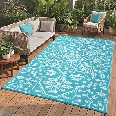 Outdoor Rug Vintage Plastic Straw Waterproof Carpet Folding Portable Reversible - Image 1 of 4