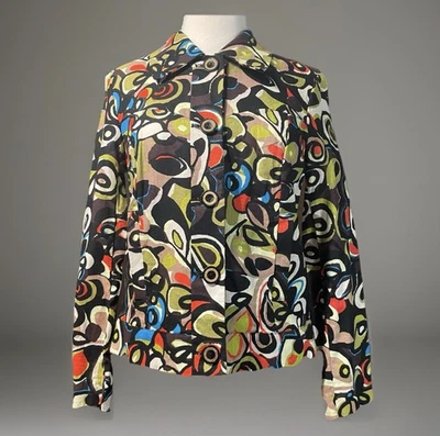 Chaqueta Blazer Mujer RQT Lino Negro Multicolor Floral Botón Talla S Foto 1 de 4