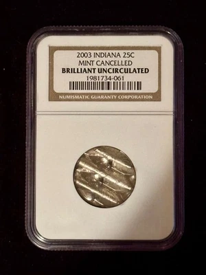 INDIANA 25c STATE QUARTER 2003-P MINT CANCELLED ERROR WAFFLE COIN NGC HOLDER BU - Image 1 of 2