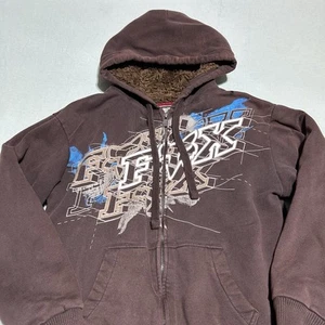 Fox Racing Sasquatch Hoodie Mens Medium Faux Fur Lined Brown Y2k Spell Out - Picture 1 of 10