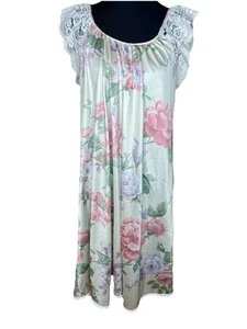 Miss Elaine Vintage langes geblümtes Nachthemd M/L Spitze Flügelärmel & Saum rosa feminin - Bild 1 von 8