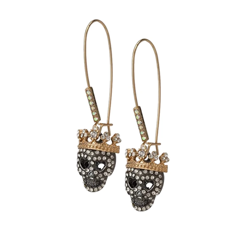 Betsey Johnson Pave Skull Dangle Earrings | Crown Detail | Edgy Glam - Image 1 of 3