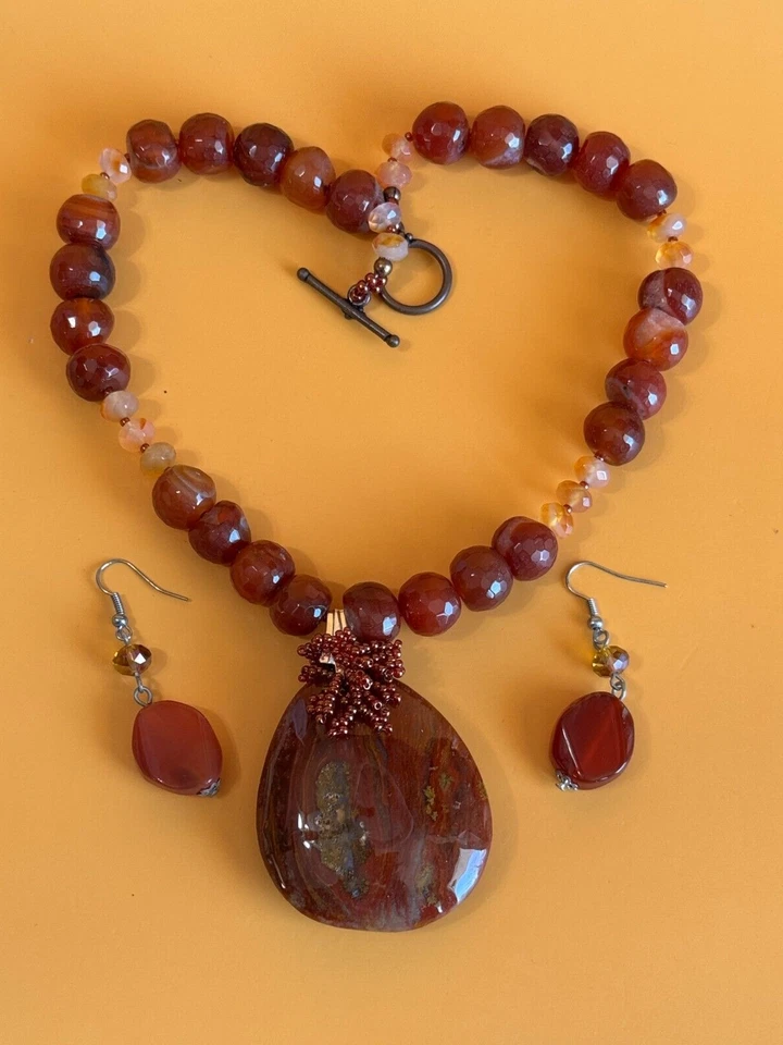 华丽 Carnelian 吊坠 Carnlian 和 Orca 玛瑙链项链 带耳环 — 第 1/4 张图片