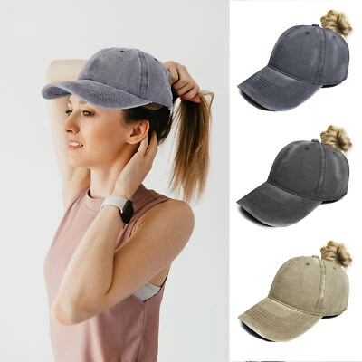 Ponytail Stonewashed Baseball Cap Adjustable Sun Hat Messy Bun Peaked Cotton Cap