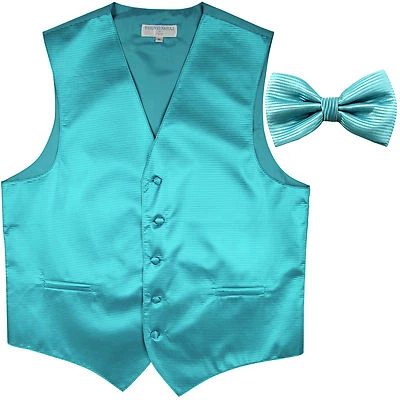 New formal men's tuxedo vest waistcoat & bowtie horizontal stripe turquoise blue - Image 1 of 4