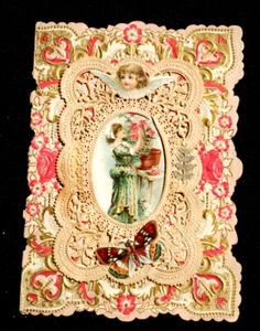 Tarjeta de San Valentín #8 victoriana troquelada con cordones en relieve ~ mujer con ángel - Imagen 1 de 5