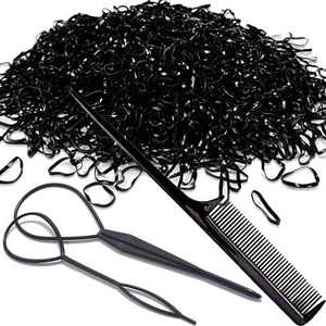2500 Elastic Hair Bands Soft Mini Hair Ties with Topsy Tail Tools Black - Picture 1 of 7