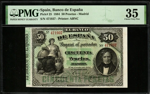 🔥SPAIN 1884 "MENDIZABAL" ☆ 50 PESETAS ☆ P-25 ☆ PMG -CHOICE 35 ☆ VERY RARE ☆ Cover
