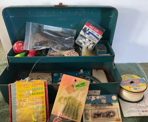 Vintage Blue Union Metal Tackle Box with Assorted Fishing Lures and Equipment - Picture 1 of 15