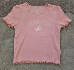 AE Waffle Knit Badminton Club Crop Tee T Shirt Sz S Small Pink Ruffle Cuff Hem - Picture 1 of 3