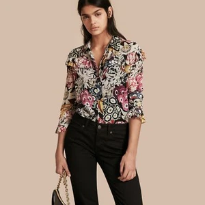 Camicia Burberry nuova con etichetta floreale seta georgette dettaglio arricciato manica lunga taglia Sml $795 - Foto 1 di 12