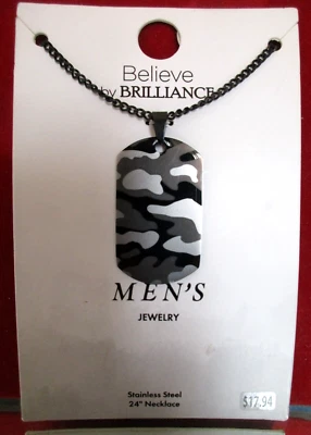 Believe By Brilliance Mens 24" Necklace Stainless Steel Camo Camouflage Dog Tag - Image 1 of 4
