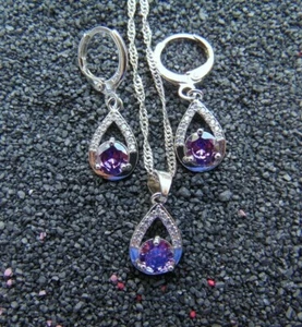 925 Silber Schmuck Set Tropfen Lila Zirkon Kette Anhänger Creolen Romantik - Bild 1 von 6
