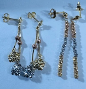 18K 750 Fine Real Tricolor Gold Women’s Earring 2 Set of Dangles Earrings 4.5g - Picture 1 of 23