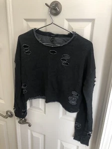 Forever 21 Black Hole Distressed Long Sleeve Sweatshirt Size Small Fast Shipping - Picture 1 of 3
