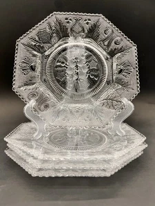 Set Of 4 Vintage Pressed Glass Dessert Plates Octagonal 8” EAPG Revival Style - Picture 1 of 9