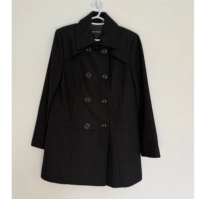Casaco feminino Nine West preto peito duplo ervilha mistura de lã tamanho 12 gótico preppy - Imagem 1 de 4