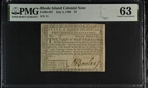 RI-287 Rhode Island $7 Colonial Currency Low Serial # 11 !! Fully Signed PMG 63 - Picture 1 of 2