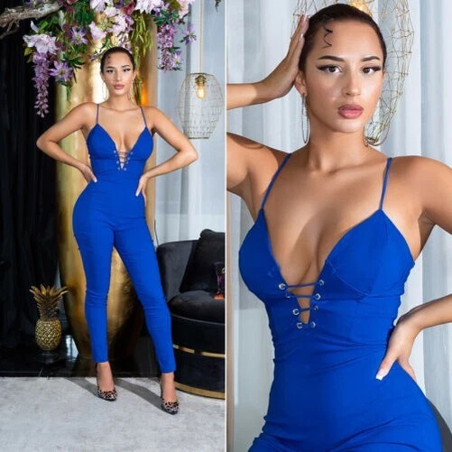 Caldo Scollo A V Skinny Lungo Tuta Con Spalline E Decorazione Lacci - Immagine 1 di 1