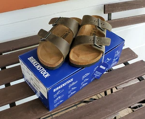 NEW IN BOX Birkenstock Arizona Faded Khaki Leather Sandal 35 Narrow W4 M2 UK 2.5 - Picture 1 of 9