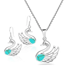 Majestuoso conjunto de pendientes collar turquesa verde cisne de plata de ley - Imagen 1 de 6