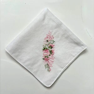 Pink Green Floral Embroidered Handkerchief Cottage Core Granny Vintage - Picture 1 of 3