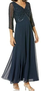 J Kara Women's Petite 3/4 Sleeve V-Neck Beaded Top Long Gown LARGE size 12 blue - Picture 1 of 8
