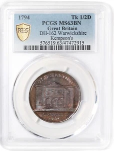PCGS MS63BN 1794 Great Britain Warwickshire Kempson's OLD MEETING Conder 1/2P - Picture 1 of 3
