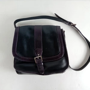 Laura Ashley Black With Plum Accents Leather Shoulder Bag Polka Dot Lining - Picture 1 of 11