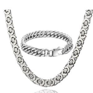 11mm Men's Stainless Steel Bracelet Necklace Jewelry Set Byzantine Chain 8-30in - Picture 1 of 9