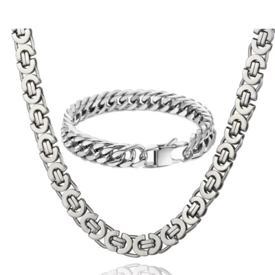 11mm Men's Stainless Steel Bracelet Necklace Jewelry Set Byzantine Chain 8-30in - Image 1 of 4