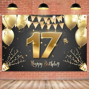 Happy 17th Birthday Banner Black Gold Party Decor Backdrop for Girls Boys - Picture 1 of 7