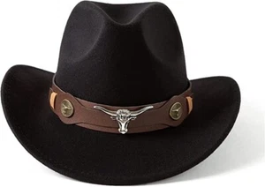 Black Western Cowboy, Cowgirl Hat, Bull Horns Strap, Men Women Retro Wide Brim - Picture 1 of 6