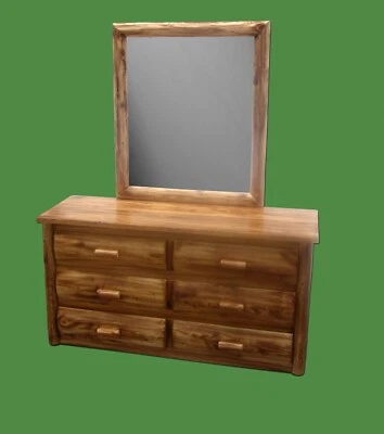 Cómoda de troncos con espejo ~ 6 cajones ~ Cedro antorchado | Cola de milano | Hecha en Amish Foto 1 de 3